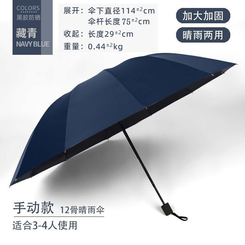 Parapluie 12 os-114cm-revêtement noir-bleu marine-modèle manuel