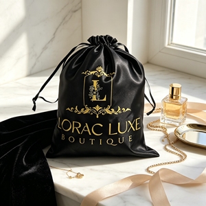 Pochette en satin noir sur mesure avec cordon de serrage, logo doré imprimé, sac cadeau de luxe en satin pour vêtements, bijoux, emballage cosmétique - Product Image 1