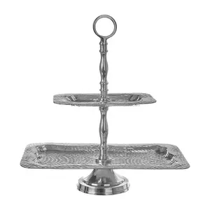 Luxe Zilver Afgewerkte Gehamerde Taartstandaard 2 Tier Cake Stand Picknick Dienblad Houder Fabrikant En Groothandel