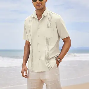 High Quality Manufacturer Summer Man Short Sleeve Cotton Linen Embroidered Shirts Simple Casual Beach Pocket Top