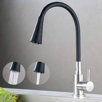 Robinet d'évier de cuisine en acier inoxydable chaud et froid à col en caoutchouc flexible noir rotatif 360