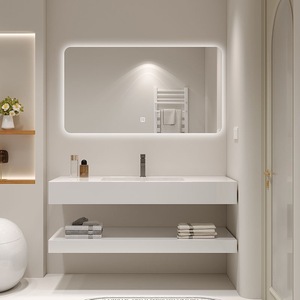 Meuble-lavabo mural de style moderne avec vasque en céramique, résistant à l'eau, miroir LED intelligent inclus, pour hôtel et villa - Product Image 1