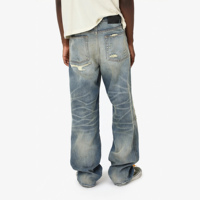 Jean baggy pour homme en denim, déchiré, avec patchs et tâches, bleu vintage, coupe large, style streetwear, personnalisé