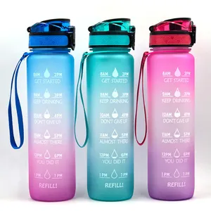 2023橡胶涂层防漏32盎司双酚a免费Tritan激励塑料水瓶，带时间标记和绳索