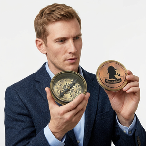 Boussole vintage Sherlock Holmes en laiton avec étui en cuir, style antique, outil de navigation rond en métal, objet de collection décoratif - Product Image 2
