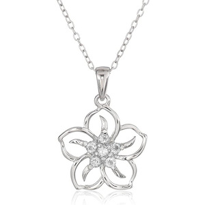 Collana con Ciondolo a Fiore per Donna, in Acciaio Inossidabile Placcato Rodio, Zirconia Cubica Taglio Brillante Rotondo, Catena a Maglia Quadrata per Uso Quotidiano - Product Image 1
