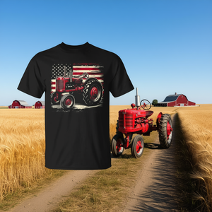 Camiseta Old Farmall Cub Tractor con bandera estadounidense, camiseta patriótica para agricultura - Product Image 3