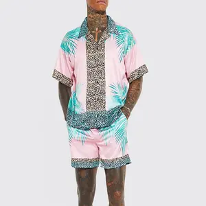 New arrival High quality summer outfits men Satin Leopard print frills Palm shirt and swim shorts 2 piece summer sets mens