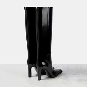Chaussures pour femmes de haute qualité, bottes longues en cuir verni, bottes au-dessus du genou, noires brillantes, bout carré, talons épais, bottes pour femmes - Product Image 3