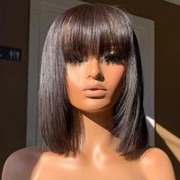 Wig Bob Lurus Murah Letsfly dengan Poni, Tanpa Lace, Buatan Mesin, Wig Rambut Asli Brasil Warna Natural, Promosi Grosir