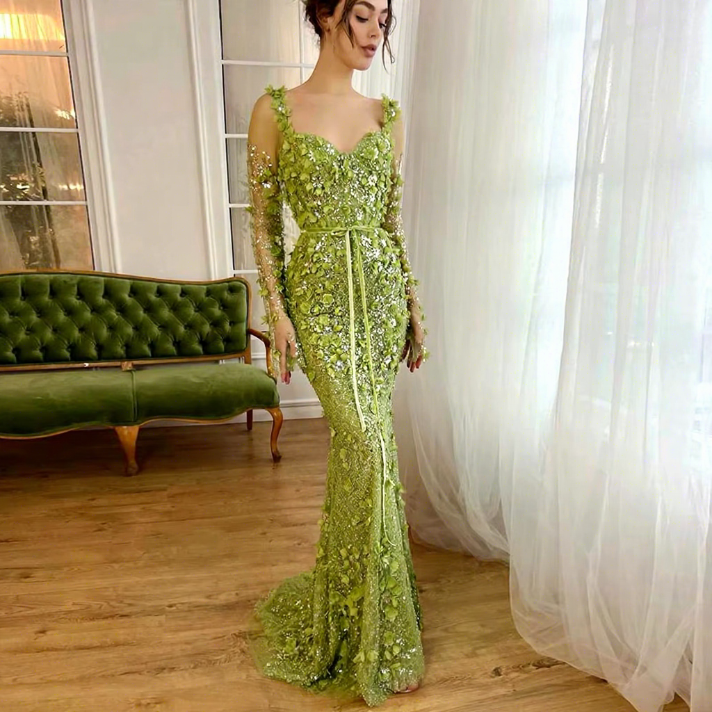 floral long sleeve prom dress Long Sleeve Modest Floral Prom Dresses Embroidered Long Formal Dress ARD2094 main image 1