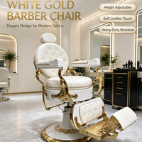 Fauteuil de Barbier Vintage de Luxe Blanc et Or Hydraulique Inclinable en Cuir Capitonnée pour Salon de Coiffure OEM – Vente en Gros
