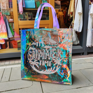 Logotipo personalizado TPU brillante iridiscente transparente regalo compras regalo mujeres bolsos holograma PVC bolso de mano para ropa cosmética - Product Image 1