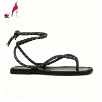 Sandales plates à lacets pour femmes, style rétro, à nouer autour de la cheville, bout carré, semelle antidérapante, chaussures d'été tendance pour les fêtes, vente en gros