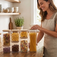 Wishome Ensemble de 7 bocaux en verre hermétiques avec couvercles en bambou, bocaux carrés empilables pour spaghetti, céréales, aliments secs