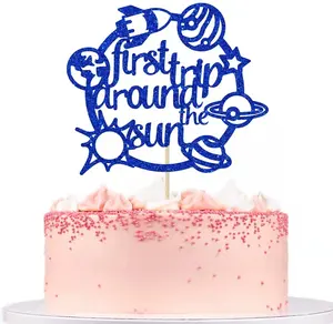 Glitter Paper Space Cake Topper ERSTE REISE UM DER SONNE Big Topper für Baby kinder 1. Alles Gute zum Geburtstag Party Kuchen Dekoration