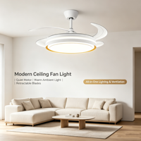 Ventilateur de plafond électrique rétractable moderne avec lumière LED à intensité variable, 3 températures de couleur, silencieux, pales cachées, lustre contrôlé par application