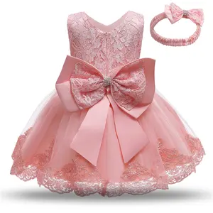 accept custom wholesale cake ball gown princess lace birthday party dress for 1 years old baby girl with big bow waistband