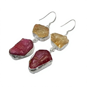 925 Silver Natural Raw <b>Stone</b> Drop Earrings Bezel Setting Bohemian Style Christian Women's Party & Everyday Wear Jewelry - Product Image 1