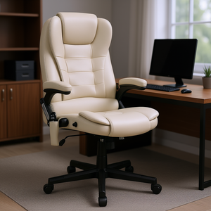 Silla Ejecutiva de Oficina en Cuero Genuino Beige con Respaldo Reclinable y Función de Masaje para Uso en Oficina en Casa - Product Image 2