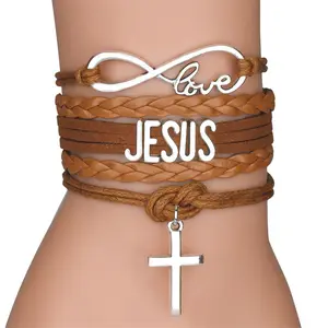 Infinity Love Jesus Cross Leder armband Multilayer Wrap Cross Christian Leder armbänder für Männer Frauen Religiöse Geschenke