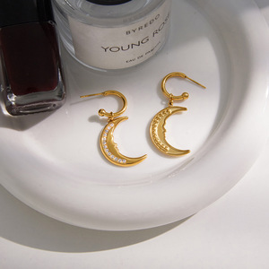 <b>Moon</b> Drop <b>Earrings</b> 18K Gold Plated Stainless Steel White Rhinestone Channel Setting Fashion Jewelry - Product Image 4