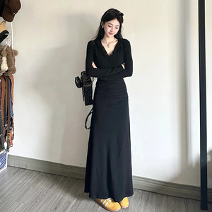 Black V-Neck Long Sleeve Dress Solid Color A-Line Long Skirt Daily Casual Wear Natural Waistline Plus Size - Product Image 5