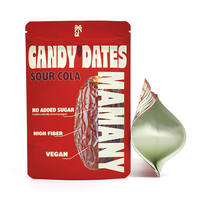 Sachet plat personnalisé à trois soudures latérales avec trou de suspension pour dattes séchées, cola acidulé, végétalien, sans sucre ajouté, idéal pour les snacks riches en fibres