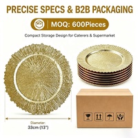 Assiettes de présentation rondes en plastique doré de 13 pouces, réutilisables, texturées motif récif, en gros pour la décoration de mariages, banquets et événements