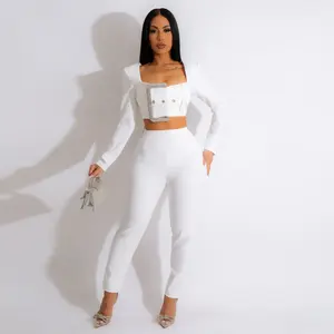 2023 New Spring Fashion 3 Colors Rayon Bandage 2 Pieces Set Women Sexy Long Sleeve Short Tops Long Pants Set High Quality
