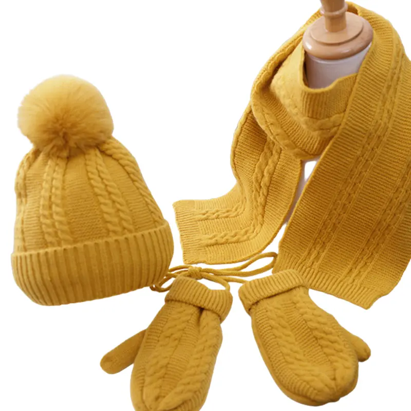 H35 थोक आलीशान दस्ताने बच्चों के लिए उच्च गुणवत्ता वाले स्कार्फ टोपी दस्ताने सेट गर्म बुना हुआ स्कार्फ पोम्पोम बीनीज़ शीतकालीन टोपी