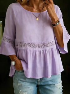 Wholesale Women Clothes New Solid Color Round Neck Hollowed Out Casual <b>Top</b> With Lace <b>Patchwork</b> Shirt - Product Image 2