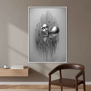 Modern Bedroom <b>Canvas</b>: Printed 3D Silver Hugging Couple Glass Art,WHITE <b>FRAMED</b> <b>CANVAS</b> - Product Image 3