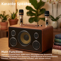 Enceinte en Bois Rétro avec Crossover Audio Trois Voies, Prise en Charge USB et Microphone Sans Fil, Entrées AUX/Guitare pour Karaoké et Fêtes