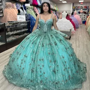 Mumuleo Mint Green Quinceanera Dresses Flower Beading Off The Shoulder Party Dress Appliques Detachable Train Prom Ball Gown