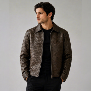 Luxury Unisex Genuine Cowhide <b>Leather</b> <b>Jacket</b> Embossed Basket Weave Intrecciato Pattern Premium Custom Outerwear - Product Image 1