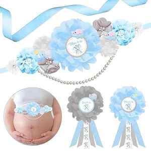Kit de ceinture de maternité et de baby shower motif éléphant bleu et gris, ceinture ventrale pour baby shower fleuri et épingles de corsage pour future <span class=keywords><strong>maman</strong></span> et future papa - Product Image 1