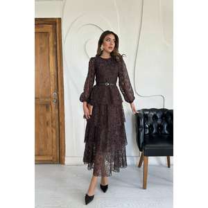 ชุดราตรีสีน้ำตาลทรงเอไลน์ ผ้าลูกไม้ คอโอ ซ้อนชั้นโปร่งบาง ผ้าชีฟองวินเทจ เอวธรรมชาติ แขนยาว - Product Image 3