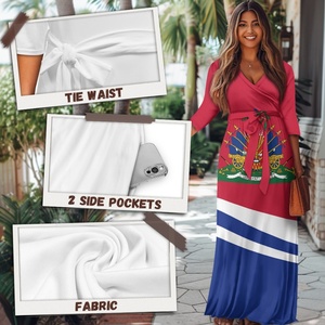 Polynesian Haitian Pattern Elegant V Neck Maxi Dress Customized Logo Half Sleeve Pocket Dress New Arrivals Tie Waist Skirts <strong>Hot</strong> - Product Image 5