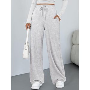 Pantalon de survêtement large pour femme, taille mi-haute, 100 % coton tricoté respirant, avec poches, pantalon de pyjama fluide et décontracté - Product Image 5