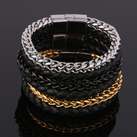 Bracelets en cuir véritable noir pour hommes, vente en gros 2023, avec chaîne en acier inoxydable coloré 18K personnalisée