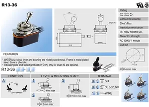 대만의 SCI R13-36 토글 스위치 최대 전류 6A 3A (250VAC 전압 포함)