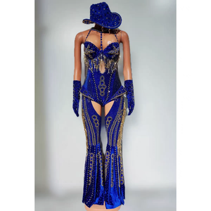 بدلة نسائية مكونة من قطعة واحدة وبنطلون مزينة بشرّابات وأحجار الراين الحمراء، زي راقصة استعراضية أو راعية بقر، ملابس مناسبة للمهرجانات والكرنفالات وحفلات الريف - Product Image 6