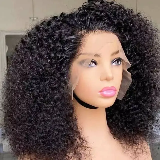 Wig tanpa lem rambut manusia, wig keriting renda depan 16in 250% untuk wanita warna hitam, rambut penuh keriting afro terjangkau