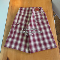 Shorts en jean 3/4 personnalisés 14 oz avec logo à motif écossais, de haute qualité, coupe oversize, en denim épais