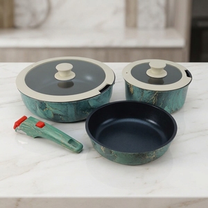 Juego de utensilios de cocina de acero al carbono con revestimiento antiadherente, <span class=keywords><strong>mango</strong></span> desmontable de baquelita y diseño de mármol verde, apto <span class=keywords><strong>para</strong></span> inducción, que incluye cacerola y sartén. - Product Image 1