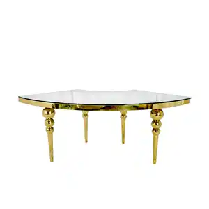 S-shaped serpentine gold leg glass top tables for luxury wedding