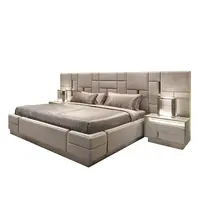 Modern Upholstered Genuine Leather Italian Bed with Extended Headboard