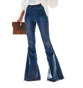 Pantalones <span class=keywords><strong>Vaqueros</strong></span> de Mezclilla con Cintura Elástica y Dobladillo de <span class=keywords><strong>Campana</strong></span>, Estilo Desgastado, Moda Primavera, <span class=keywords><strong>Tallas</strong></span> <span class=keywords><strong>Grandes</strong></span> para Mujer - Product Image 1