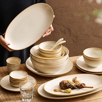 Service de table en céramique de style chinois, effet four, glaçure galaxie marron-jaune, en grès, ensemble complet, cadeau